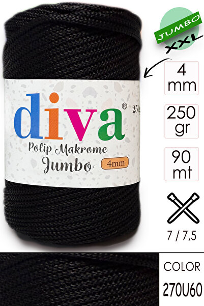 Diva İplik 250 г (4 мм) PP Макраме Джамбо Чорний 270U60