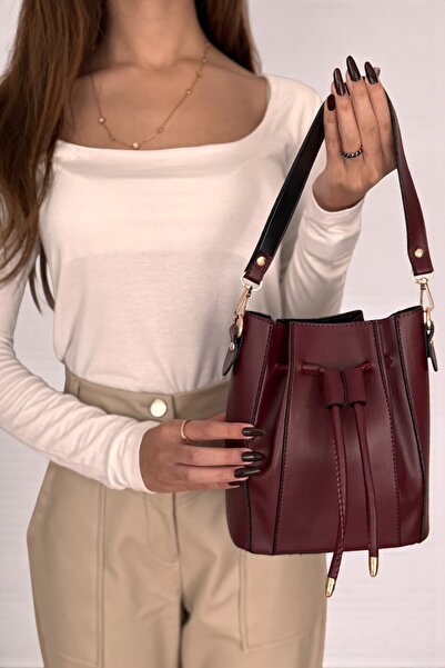 Claret Red Color Double Strap Women's Hand Shoulder Bag with Drawstring Detail