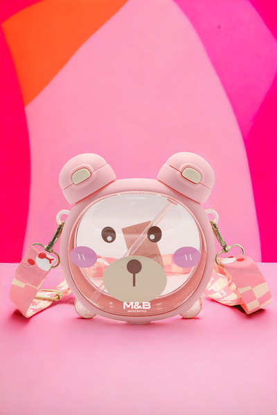 M&B WATER BOTTLE زجاجة مياه لطيفة للأطفال مع غطاء مزدوج وقش - زجاجة معلقة على الرقبة للمدرسة