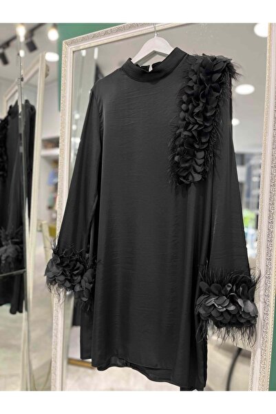 MERAM BUTİK Selinada Satin Tunic Feathered 3152 - Black - 42