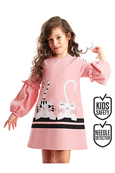 Denokids Pembe Cute Friends Kız Çocuk Dokuma Balon Kol Kışlık Elbise