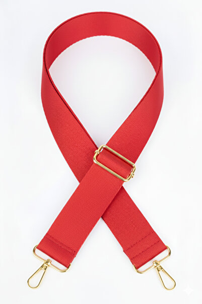 Defnella Kırmızı Polyester Kolon Ayarlanabilir Çanta Sapı - (125 CM) Gold Altın Metal Aksesuar ( 4cm )