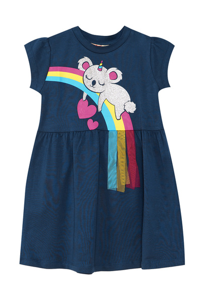 Denokids Koala Pamuklu Penye Kız Çocuk Yazlık Lacivert Elbise