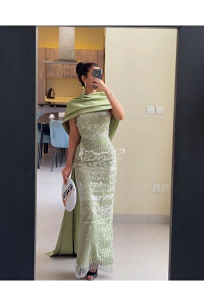 ALANOOD FASHION Luxury beige-green evening dress with embroidered, ready-made sleeves