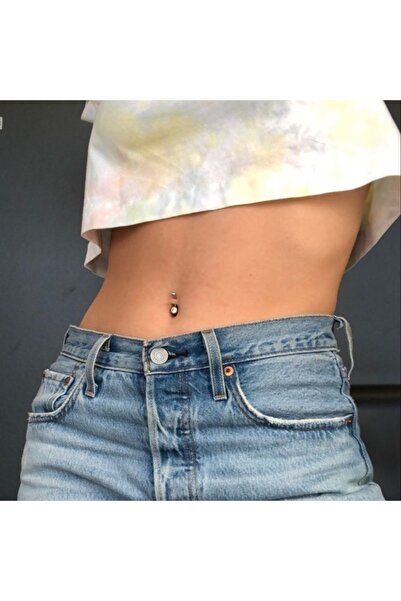 Heppii Cerrahi Çelik Ucu Taşlı Göbek Piercingi Gümüş Renkli