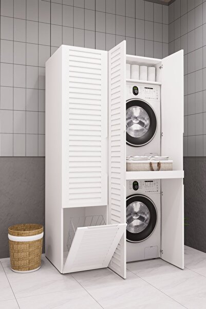 DEMİRBAL MOBİLYA Mdf Çamaşır Makinesi ve Kurutma Makinesi Dolabı kapaklı sepetli lake panjur kapak