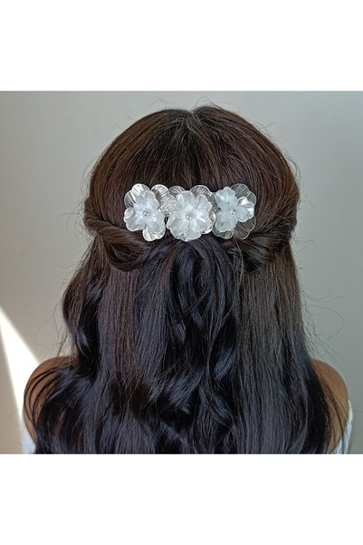 renaitre art Bridal Barrette, Engagement Barrette, Comb Barrette, Bun Barrette, Metal Flower Barrette, Pearl Barrette