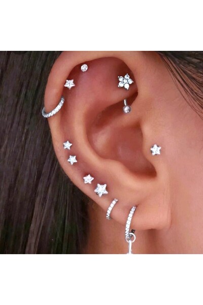 Heppii Cerrahi Çelik Yıldız Taşlı Piercing Tragus Helix Kıkırdak Conch 8 mm Gümüş Renk