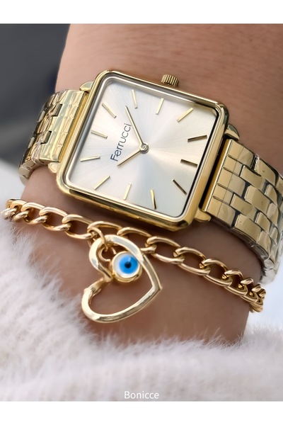 Ferrucci Altın Sarısı Çelik Kordon, Su Geçirmez Garantili Kol Saati Bileklik