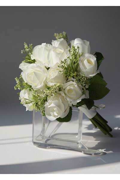 DUGİNA Gerçek Görünüm Gelin Buketi Beyaz Güller ve Kır Çiçekleri Nişan Söz Da...