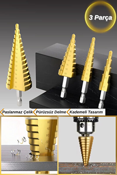 Hane Dostu 3 Parça Paslanmaz Çelik Kademeli Tasarım Metal Delici Matkap Ucu Seti