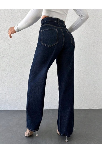 pass&pass Wide Leg Kadın Likralı Palazzo Kot Denim Pantolon KAPALI MAVİ