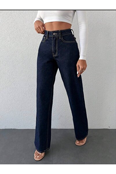 pass&pass Wide Leg Kadın Likralı Palazzo Kot Denim Pantolon KAPALI MAVİ
