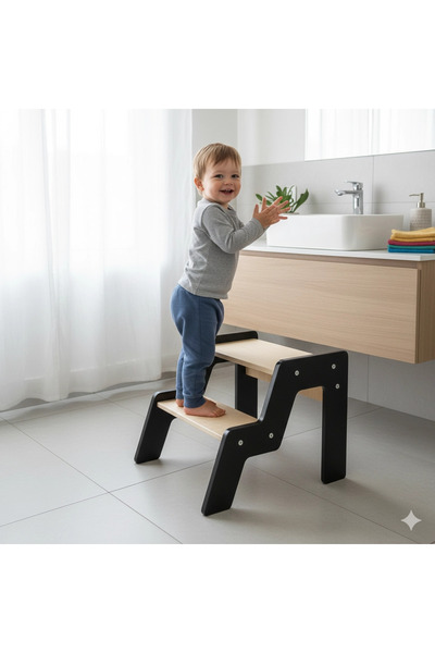 woodenzo Montessori Basamaklı Tabure (Siyah)