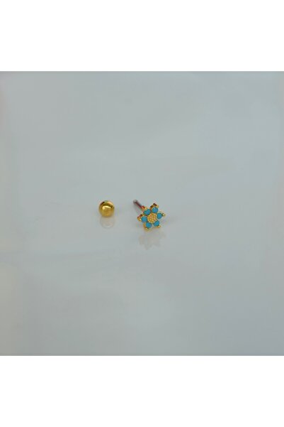 Heppii Mini Mavi Çiçekli Tragus Helix Piercing Kıkırdak Gold