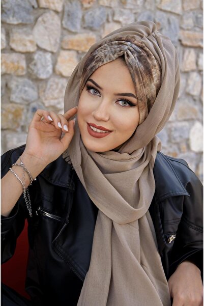 Aişe tesettür Brown Beige Batik Patterned Ready Shawl