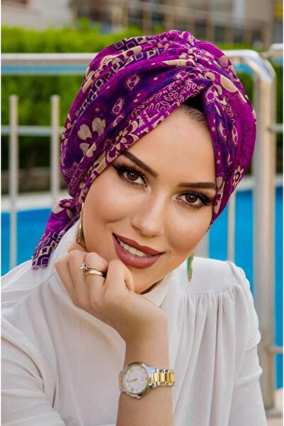 Aişe tesettür Mürdüm Bej Çiçek Desen Tokalı Bone