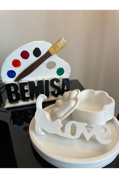 BEMİSA Kedili Takılık Love Yazısı Yuvarlak Tabak 3lü Set Dekorotif Ev Dizayn