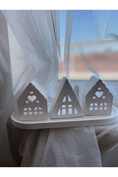 BEMİSA Evler Mumluk Işık Gösterisi Tepsi 4lü Set Dekorotif Ev Dizayn