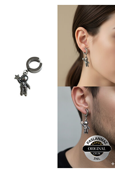 Lynare Compression Hole-Free Trend Astronaut Model Dangle Men Women Unisex Steel Gray Earrings 1 Piece