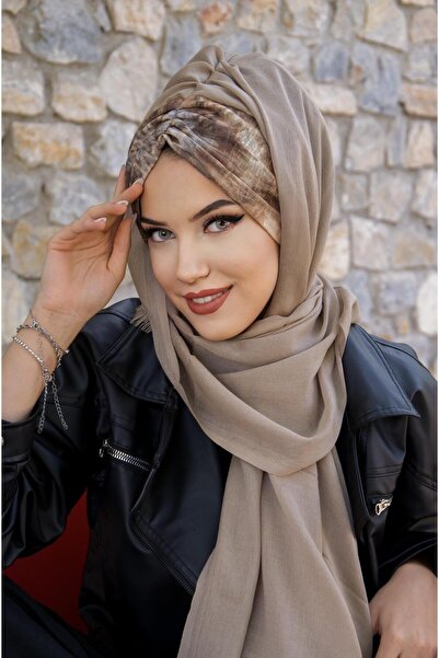 Aişe tesettür Brown Beige Batik Patterned Ready Shawl