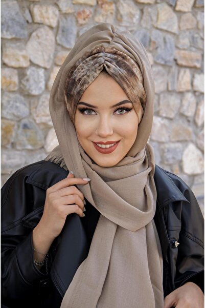 Aişe tesettür Brown Beige Batik Patterned Ready Shawl