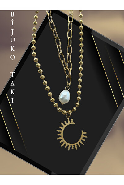 Butik قلادة هيلين ذات طبقة واحدة مع حلقة بيضاوية طويلة على شكل هلال ولؤلؤة (م...