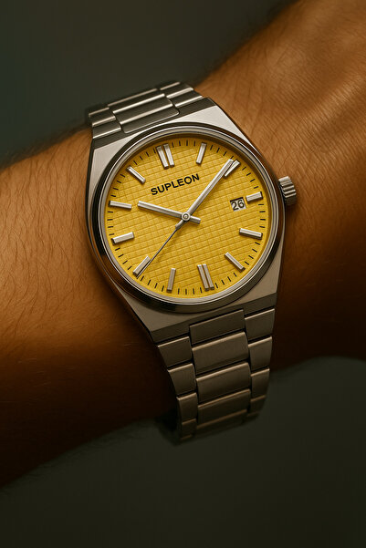 Eyiser Store Men's Steel Case & Band Wristwatch – Yellow Textured Dial, Butterfly Clasp Strap and Calendar - Boxed