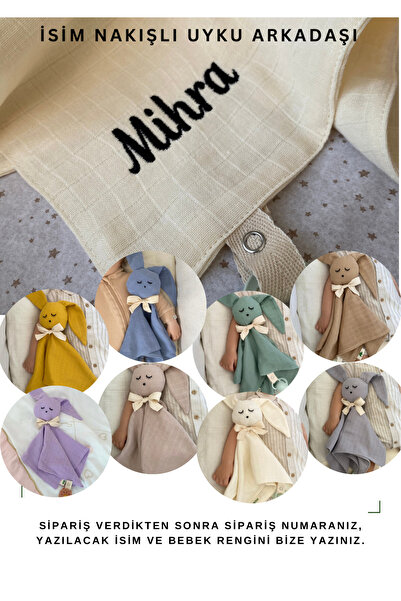 Hubb İsim nakışlı Müslin pamuk uyku arkadaşı (emzik askılı) yıkanabilir