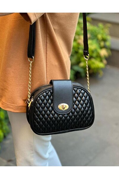 La'Graccia Üç Bölmeli Kilitli Siyah Zincirli Omuz Ve Kol Çanta