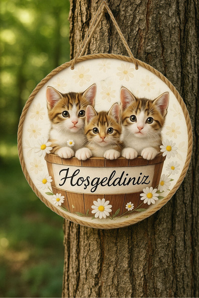 MODERN TASARI Kapı Süsü Ahşap "WELCOME" Yazılı 2D FLAT - Retro Tarz - Dekoratif Duvar Süsü