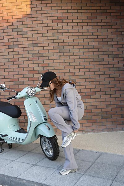 BAŞARAN Gray Hooded Zipper Detail Tracksuit Set