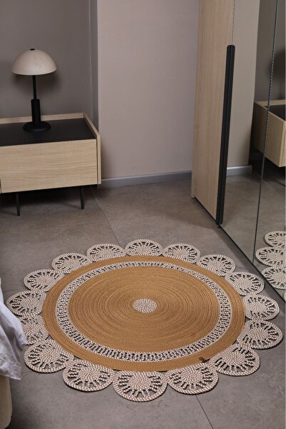ModaCardin jüt Hasır görünümlü Desenli Modern El Örgüsü daire Halı Kilim