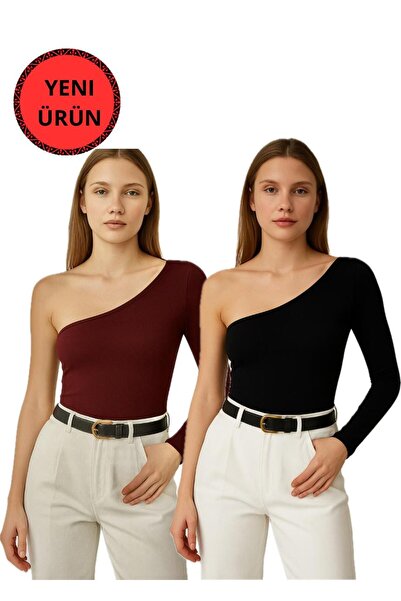 glanour Bluză cu un singur umăr, cu mânecă lungă, din bumbac, negru, roșu cla...