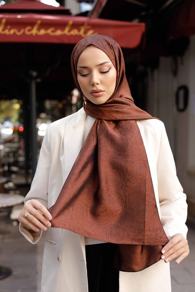 ipekistanbul شال جاكار حريري مزدوج الجوانب - نمط الورد - نحاسي