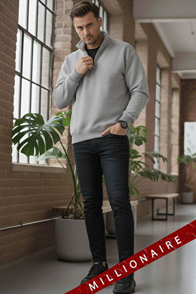 Millionaire Erkek Gri Balıkçı Yaka 3 Iplik Içi Polarlı Şardonlu Oversize Sweatshirt