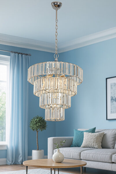 VENON Kristal Taşlı Bert 4+1 Avize Salon Avizesi Yemek Masası Krom Taşlı Avize