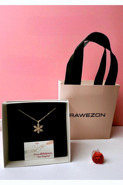 RAWEZON Özel Çantalı Kutulu Set-Çelik Gold Lotus Çiceği Kolye - Sevgiliye Ark...