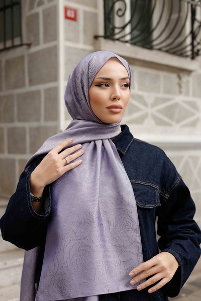 ipekistanbul İpeksi Çift Taraflı Jakar Şal - Rose Desen - Lavanta