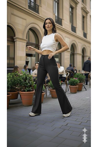 ECEYLÜL MODA PANTALONI NEGRI SCUBA CREPE CU TĂLA ÎNALTĂ, CU BORDURI, PENTRU FEMEI (preț promoțional pentru lansare în perioada scurtă)