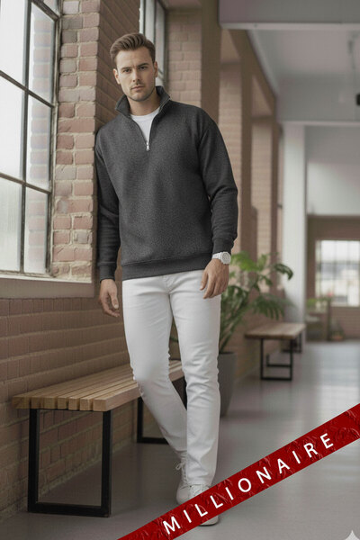 Millionaire Men's Anthracite Turtleneck 3 Thread Fleece Inside Ribbed Oversize Sweatshirt