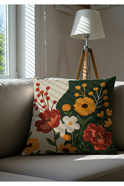 Artvibe Punch Embroidery Pattern Digital Printed Yellow Green Autumn Themed 4-Piece Throw Pillow Cover