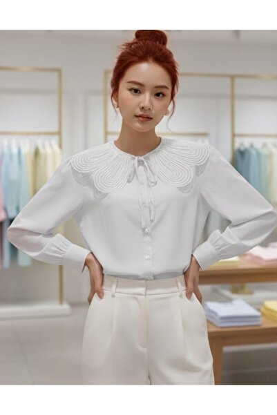 Dagü Design Kadın bebe yaka beyaz poplin gömlek