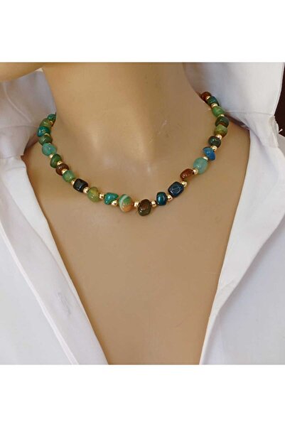 shop Amorf Kesim 10 mm Akik Doğal Taş Kolye – Altın Kaplama Detaylı, Kutulu