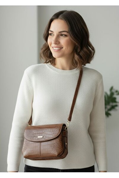 La'Graccia Kroko Deri Kahverengi 3 Gözlü Mıknatıslı Çanta