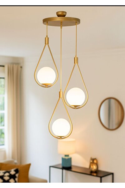 VENON Damla 3lü Kent 3lü Eskitme Beyaz Glop Camlı Sarkıt Modern Avize Salon Avizesi