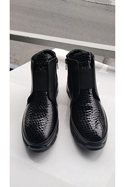 POTEEN Women's Comfort Shoes Genuine Leather Crocodile Patent Leather-Black