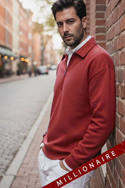 Millionaire Erkek Kırmızı Yarım Fermuar Polo Yaka 3 İplik İçi Polarlı Şardonlu Oversize Sweatshirt