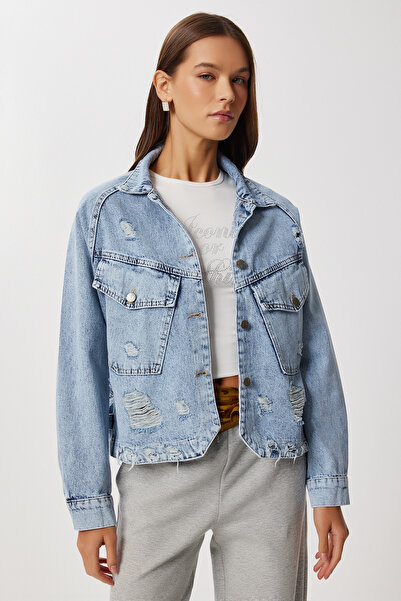 Lovelyİstanbul Jachetă de denim cu detaliu rupt LAN0074 ALBASTRU DESCHIS