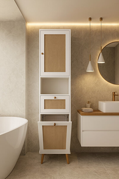 Onouqo Luna Beyaz 197cm İskandinav Jüt Kumaşlı %100 Mdf Çamaşır Sepetli Banyo Dolabı Y197xG47xD35